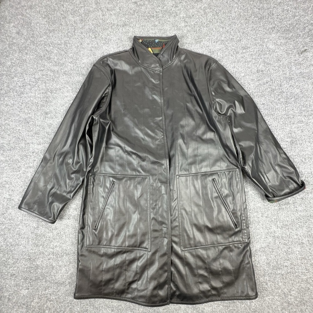 Leather Coat Mens XL Black Long‎ Zip Front Stand Collar Lined Pockets Overcoat